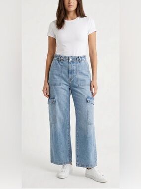 Zara Wide Leg Denim Cargo Pants | Elastic Paperbag Waist Size 13-14 (164 CM)